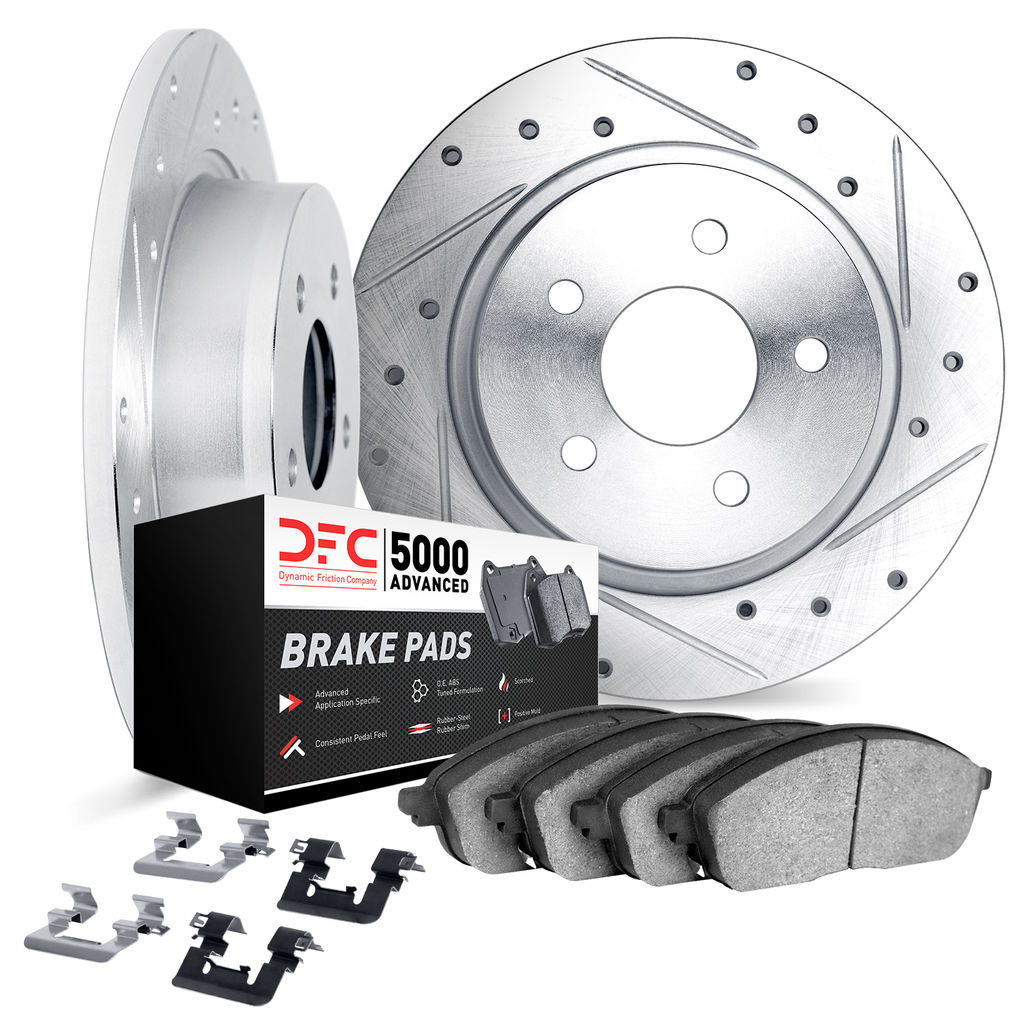 Dynamic Friction 7512-11034 - Brake Kit - Silver Zinc Coated Drilled and Slotted Rotors and 5000 Brake Pads with Hardware