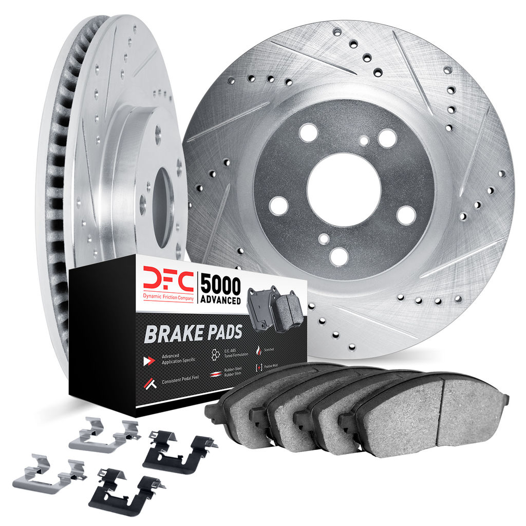 Dynamic Friction 7512-03453 - Brake Kit - Drilled and Slotted Silver Rotors with 5000 Advanced Brake Pads includes Hardware