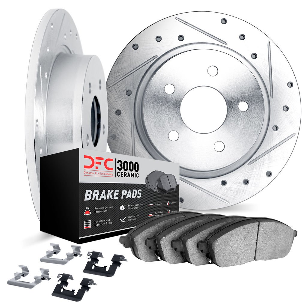 Dynamic Friction 7312-03019 - Brake Kit - Silver Zinc Coated Drilled and Slotted Rotors and 3000 Ceramic Brake Pads with Hardware
