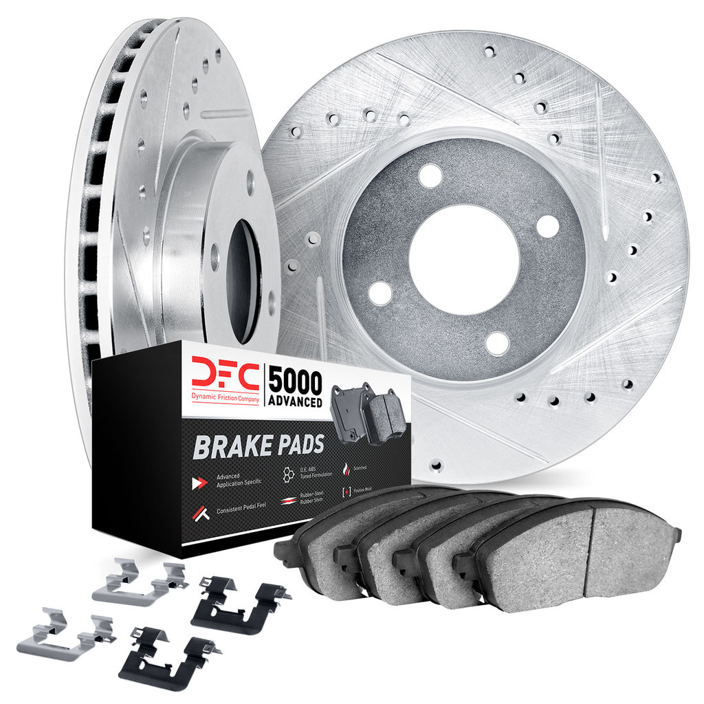 Dynamic Friction 7512-03014 - Brake Kit - Silver Zinc Coated Drilled and Slotted Rotors and 5000 Brake Pads with Hardware