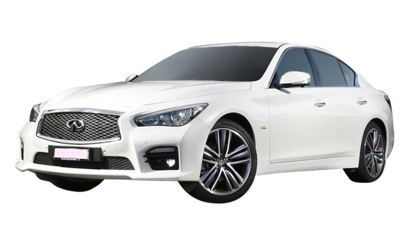 White Infiniti Q-something, from the front