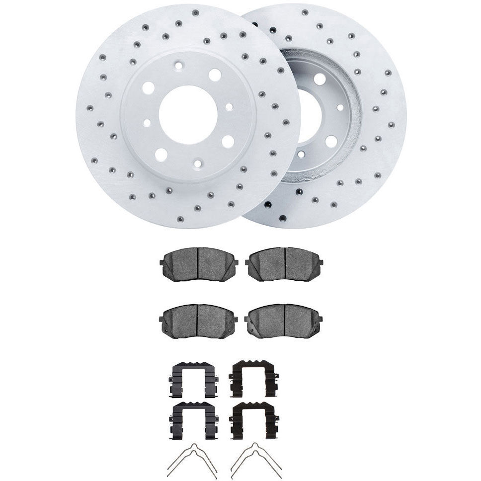 Dynamic Friction 2512-03108 - Brake Kit - Coated Drilled Brake Rotors with 5000 Advanced Brake Pads includes Hardware