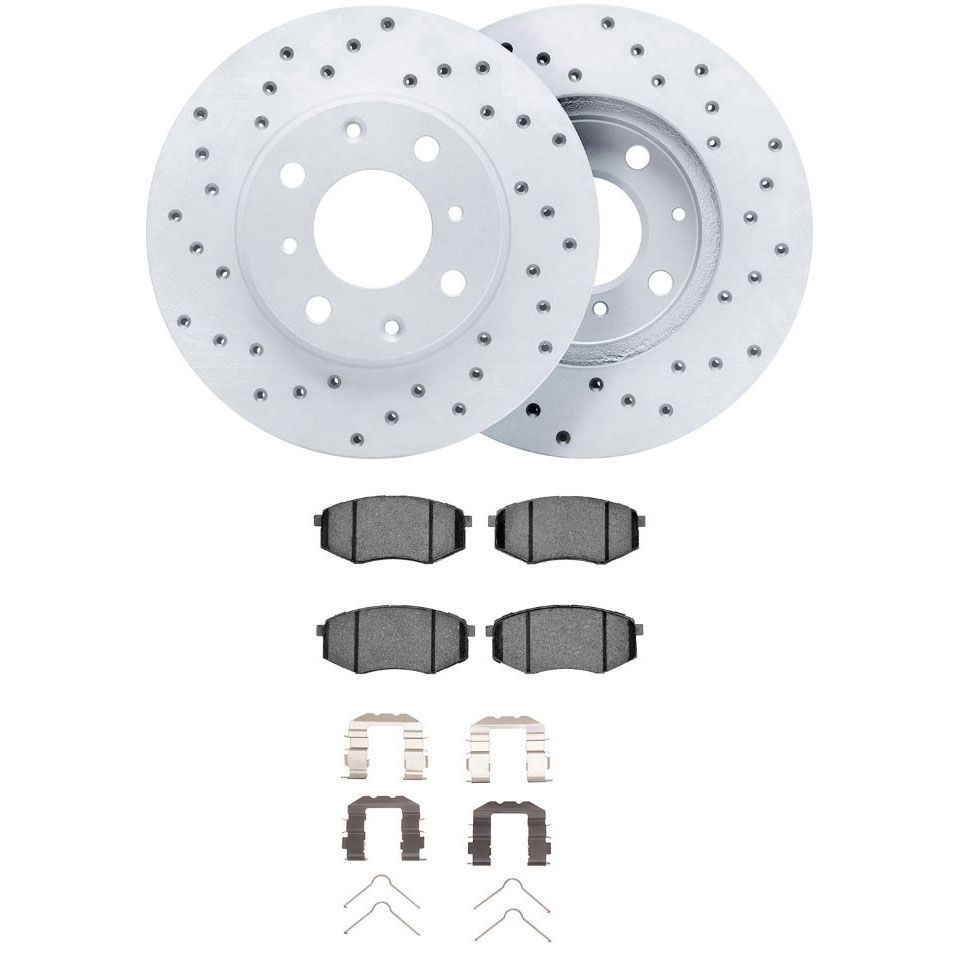 Dynamic Friction 2512-03132 - Brake Kit - Coated Drilled Brake Rotors with 5000 Advanced Brake Pads includes Hardware