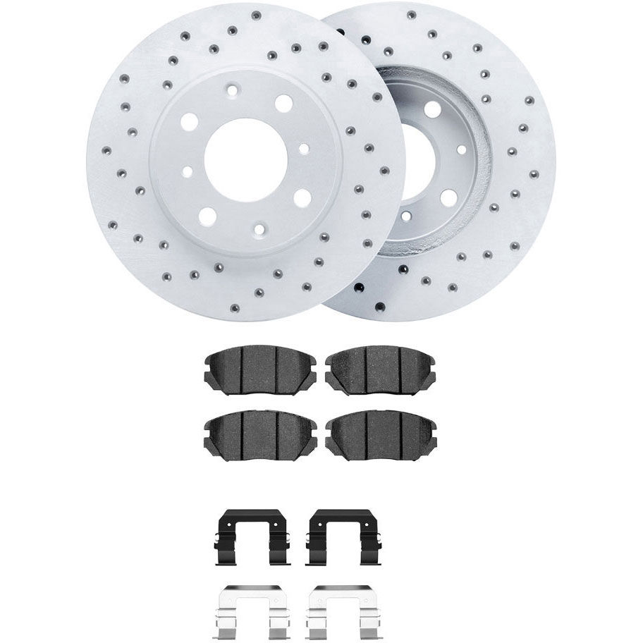 Dynamic Friction 2512-03146 - Brake Kit - Coated Drilled Brake Rotors with 5000 Advanced Brake Pads includes Hardware