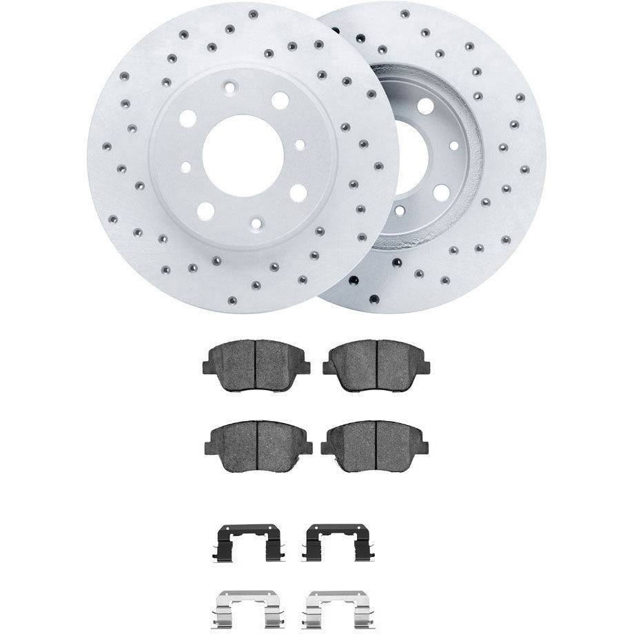 Dynamic Friction 2512-03154 - Brake Kit - Coated Drilled Brake Rotors with 5000 Advanced Brake Pads includes Hardware