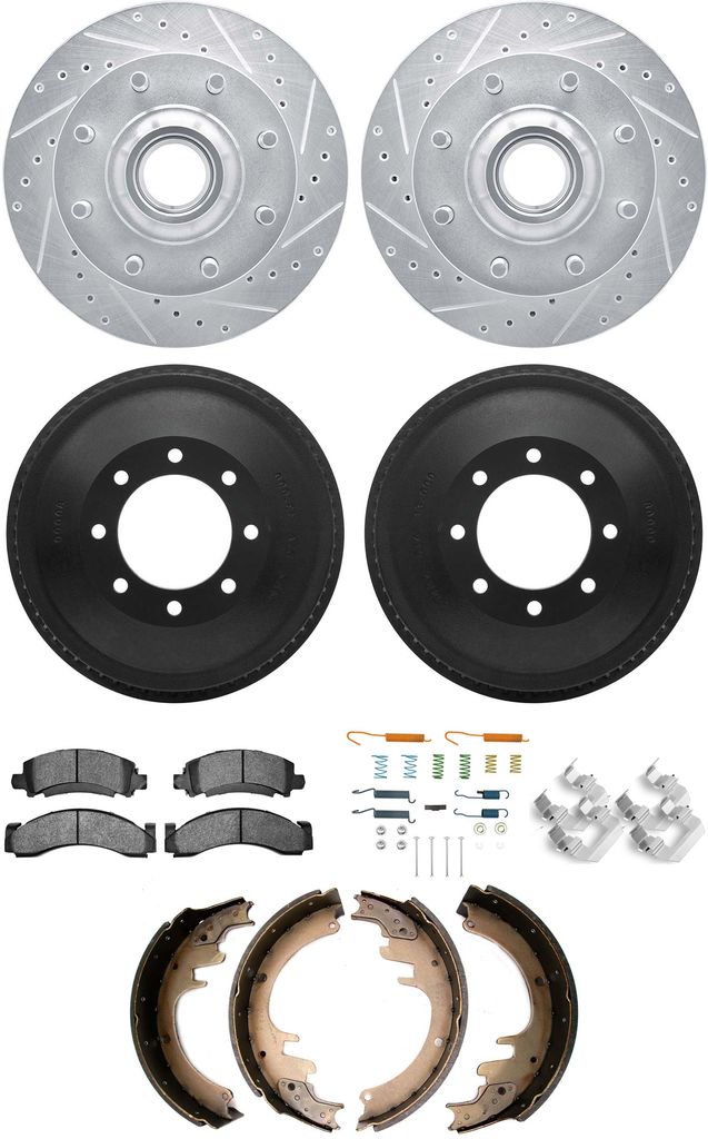 Dynamic Friction 7514-47240 - Brake Kit - Drilled and Slotted Silver Rotors with 5000 Advanced Brake Pads includes Drums