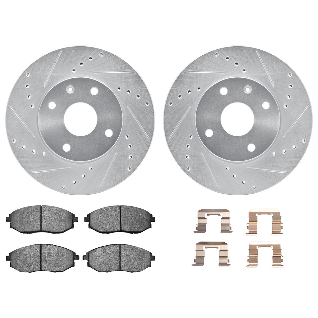 Dynamic Friction 7512-01010 - Brake Kit - Silver Zinc Coated Drilled and Slotted Rotors and 5000 Brake Pads with Hardware