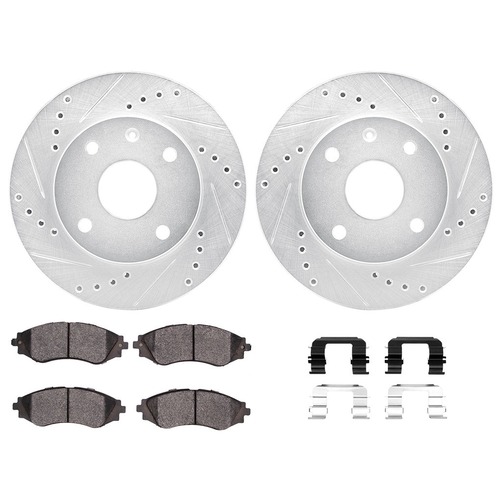 Dynamic Friction 7512-01013 - Brake Kit - Silver Zinc Coated Drilled and Slotted Rotors and 5000 Brake Pads with Hardware