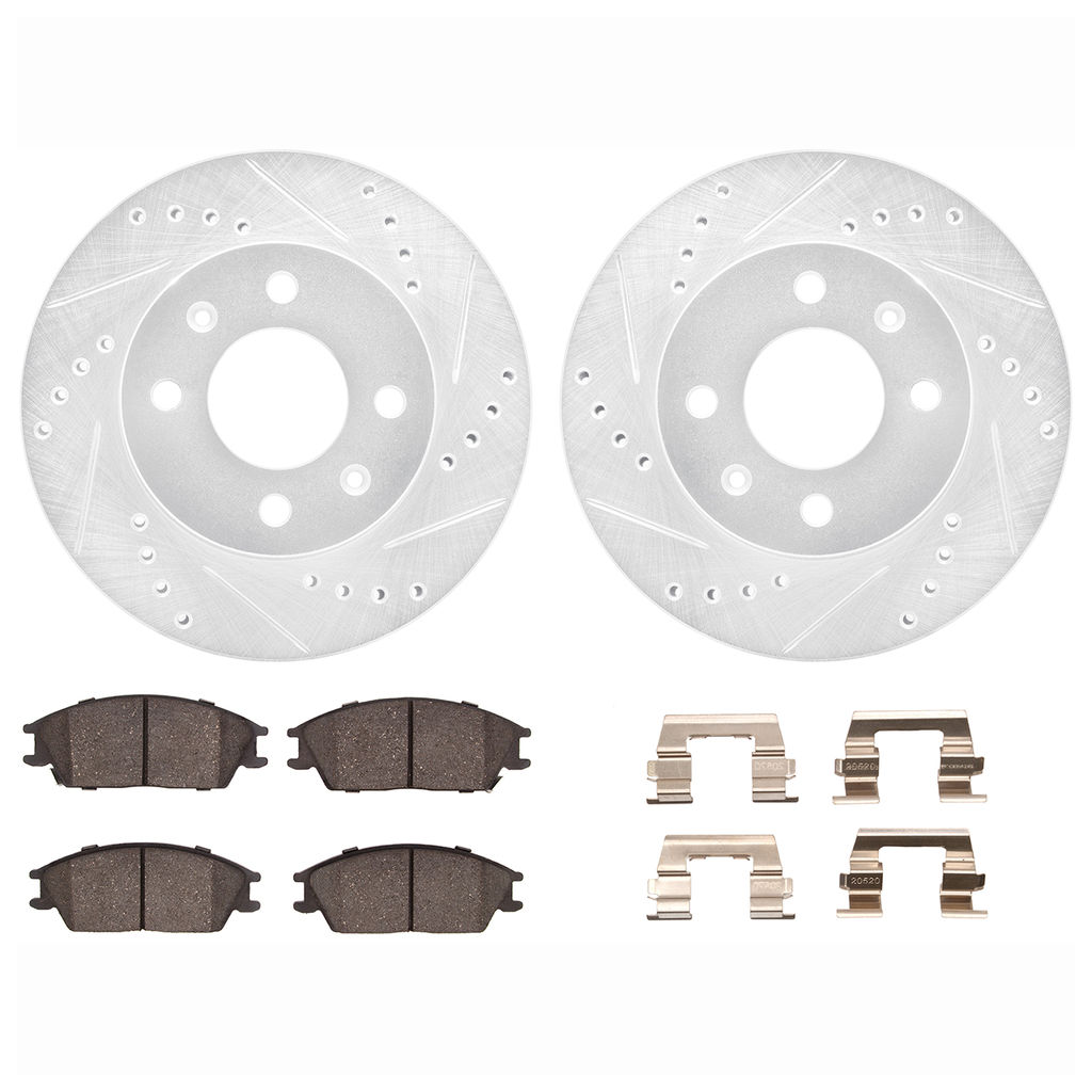 Dynamic Friction 7512-03028 - Brake Kit - Silver Zinc Coated Drilled and Slotted Rotors and 5000 Brake Pads with Hardware