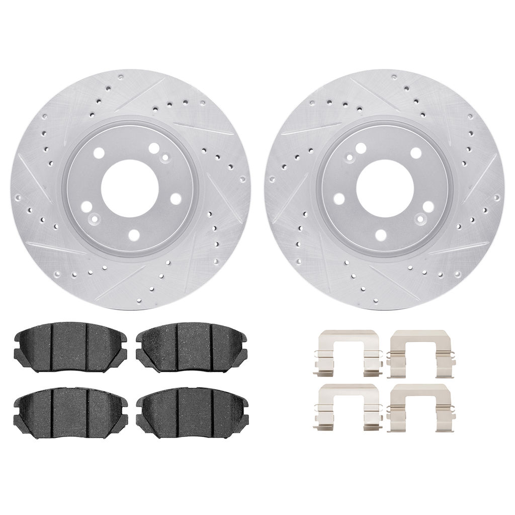 Dynamic Friction 7512-03032 - Brake Kit - Silver Zinc Coated Drilled and Slotted Rotors and 5000 Brake Pads with Hardware