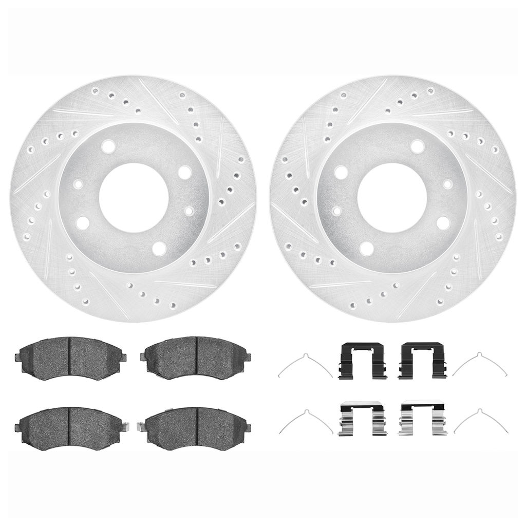 Dynamic Friction 7512-03182 - Brake Kit - Silver Zinc Coated Drilled and Slotted Rotors and 5000 Brake Pads with Hardware