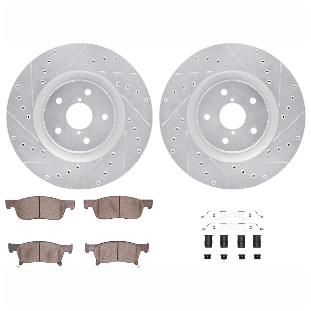 Dynamic Friction 7512-13052 - Brake Kit - Silver Zinc Coated Drilled and Slotted Rotors and 5000 Brake Pads with Hardware