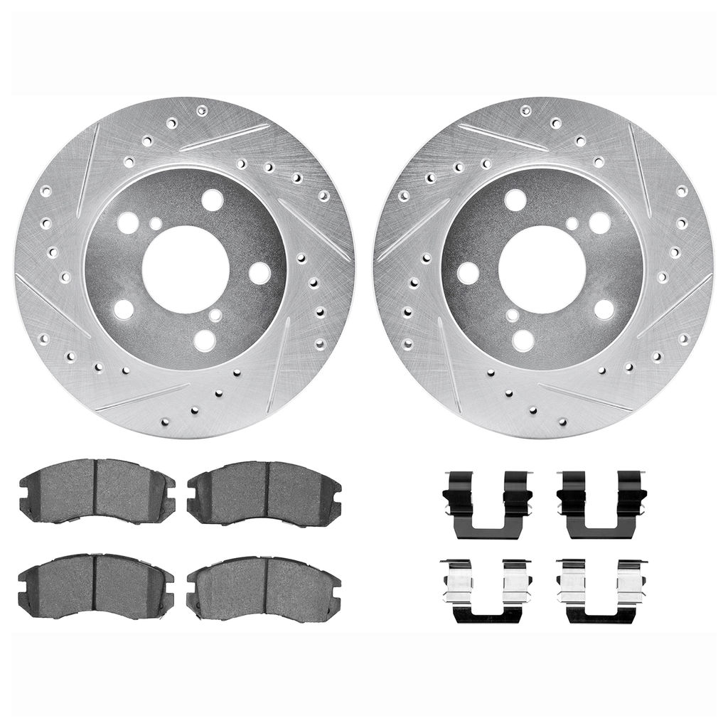 Dynamic Friction 7512-13014 - Brake Kit - Silver Zinc Coated Drilled and Slotted Rotors and 5000 Brake Pads with Hardware