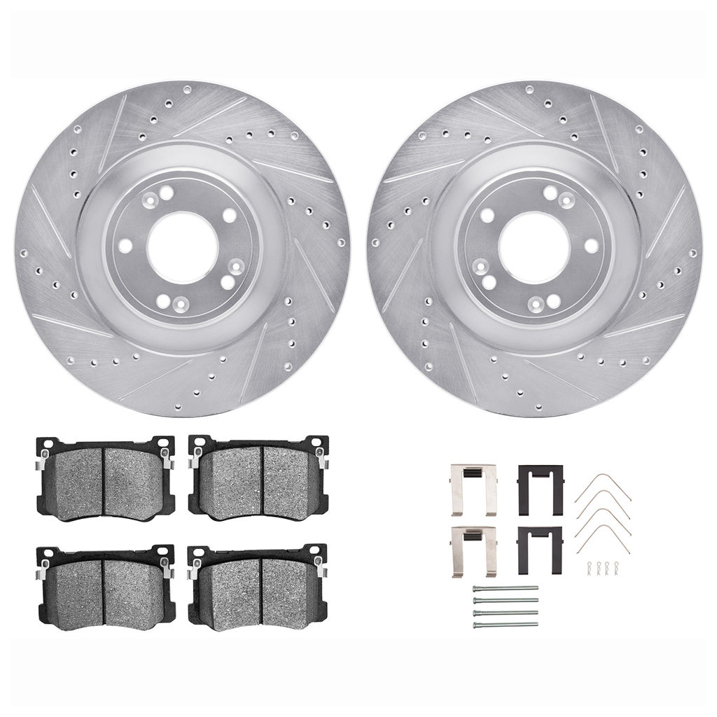 Dynamic Friction 7512-03070 - Brake Kit - Drilled and Slotted Silver Rotors with 5000 Advanced Brake Pads includes Hardware