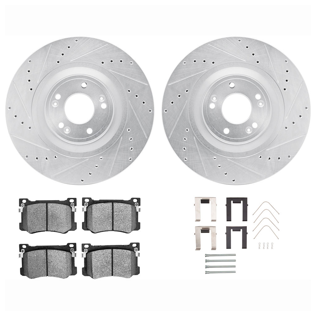 Dynamic Friction 7512-03087 - Brake Kit - Drilled and Slotted Silver Rotors with 5000 Advanced Brake Pads includes Hardware