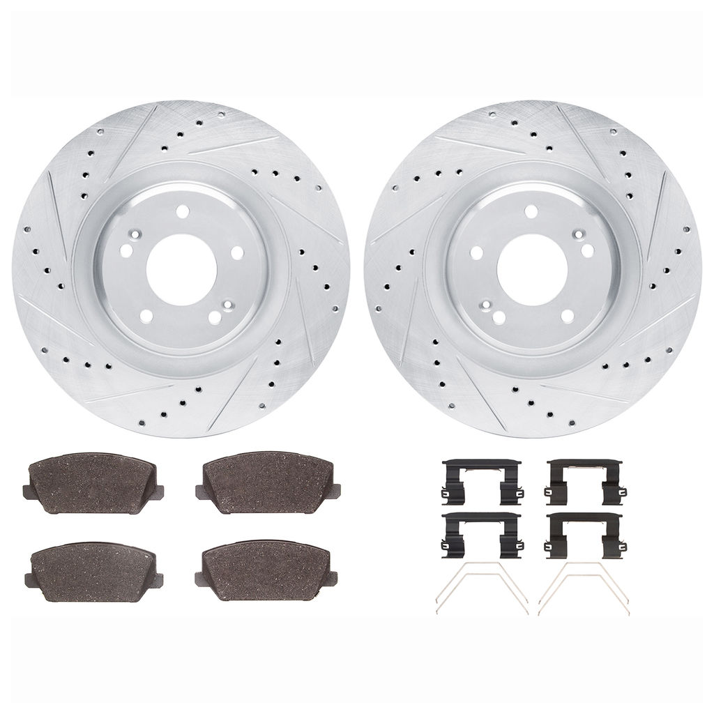 Dynamic Friction 7512-03444 - Brake Kit - Drilled and Slotted Silver Rotors with 5000 Advanced Brake Pads includes Hardware