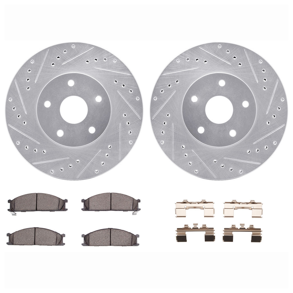 Dynamic Friction 7512-13061 - Brake Kit - Drilled and Slotted Silver Rotors with 5000 Advanced Brake Pads includes Hardware