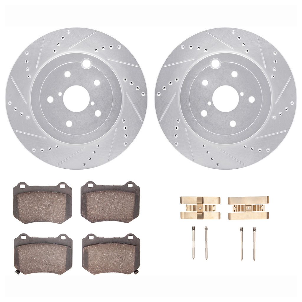 Dynamic Friction 7512-13222 - Brake Kit - Drilled and Slotted Silver Rotors with 5000 Advanced Brake Pads includes Hardware