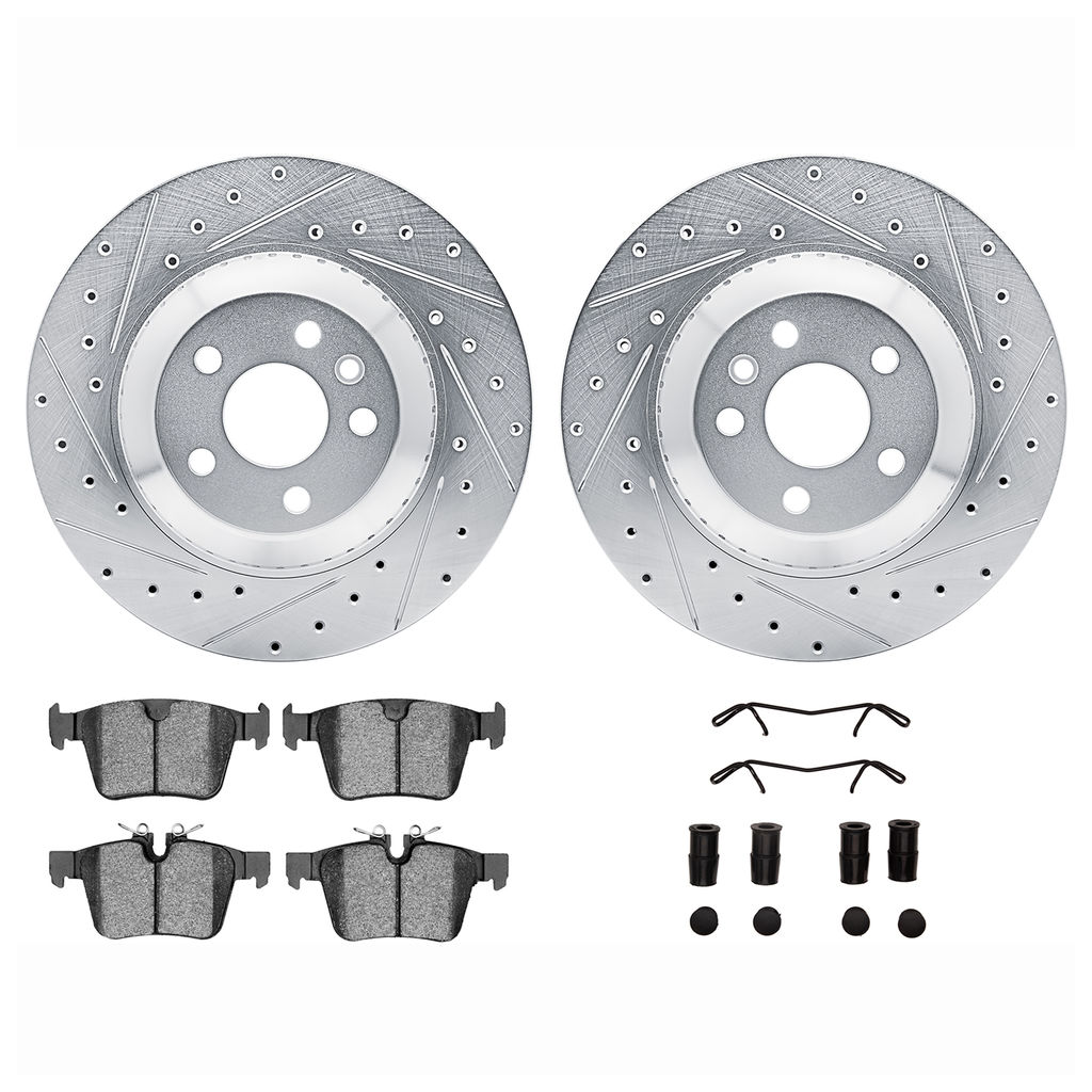 Dynamic Friction 7512-11197 - Brake Kit - Drilled and Slotted Silver Rotors with 5000 Advanced Brake Pads includes Hardware