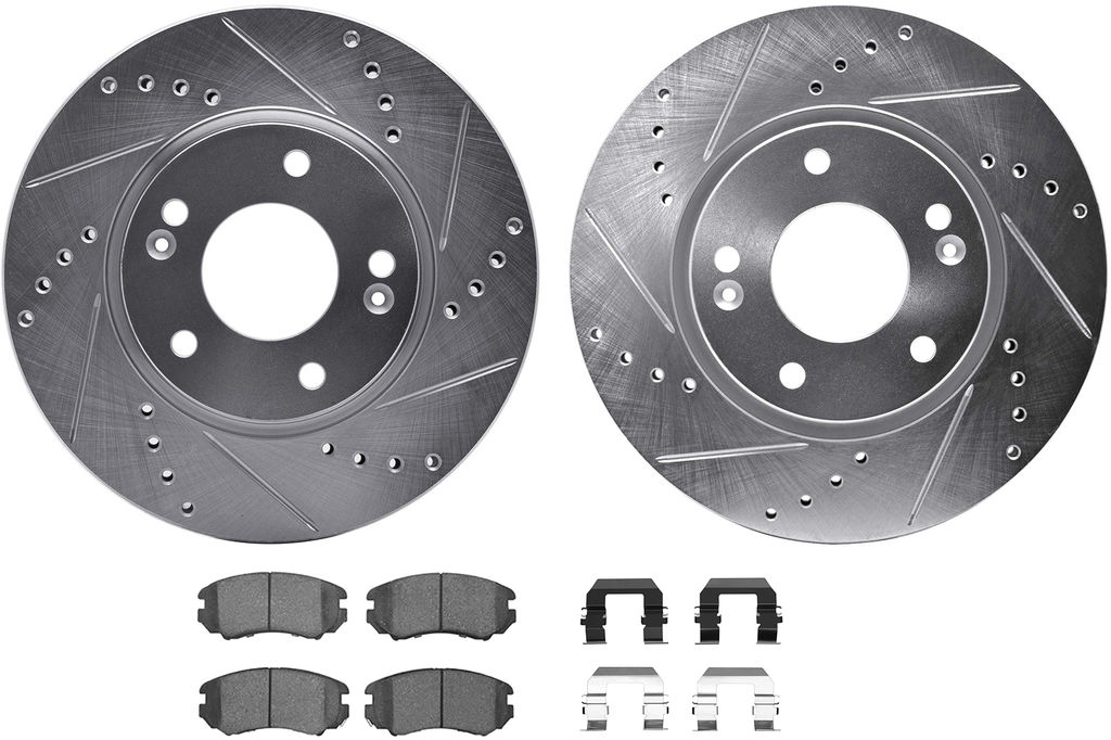 Dynamic Friction 7512-03026 - Brake Kit - Silver Zinc Coated Drilled and Slotted Rotors and 5000 Ceramic Brake Pads With Hardware