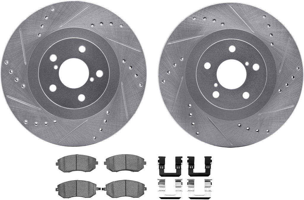 Dynamic Friction 7512-13028 - Brake Kit - Silver Zinc Coated Drilled and Slotted Rotors and 5000 Ceramic Brake Pads With Hardware