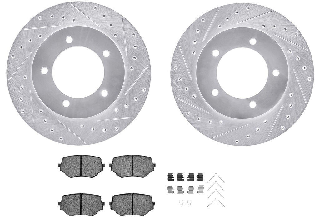Dynamic Friction 7512-01008 - Brake Kit - Silver Zinc Coated Drilled and Slotted Rotors and 5000 Ceramic Brake Pads With Hardware