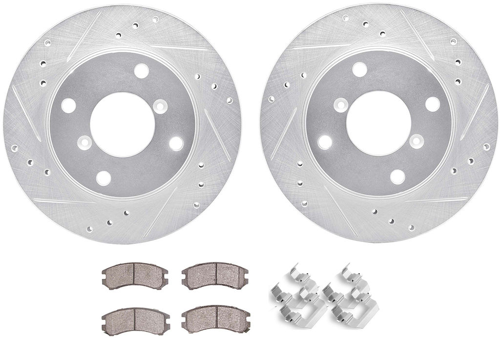 Dynamic Friction 7512-01019 - Brake Kit - Drilled and Slotted Silver Rotors with 5000 Advanced Brake Pads includes Hardware