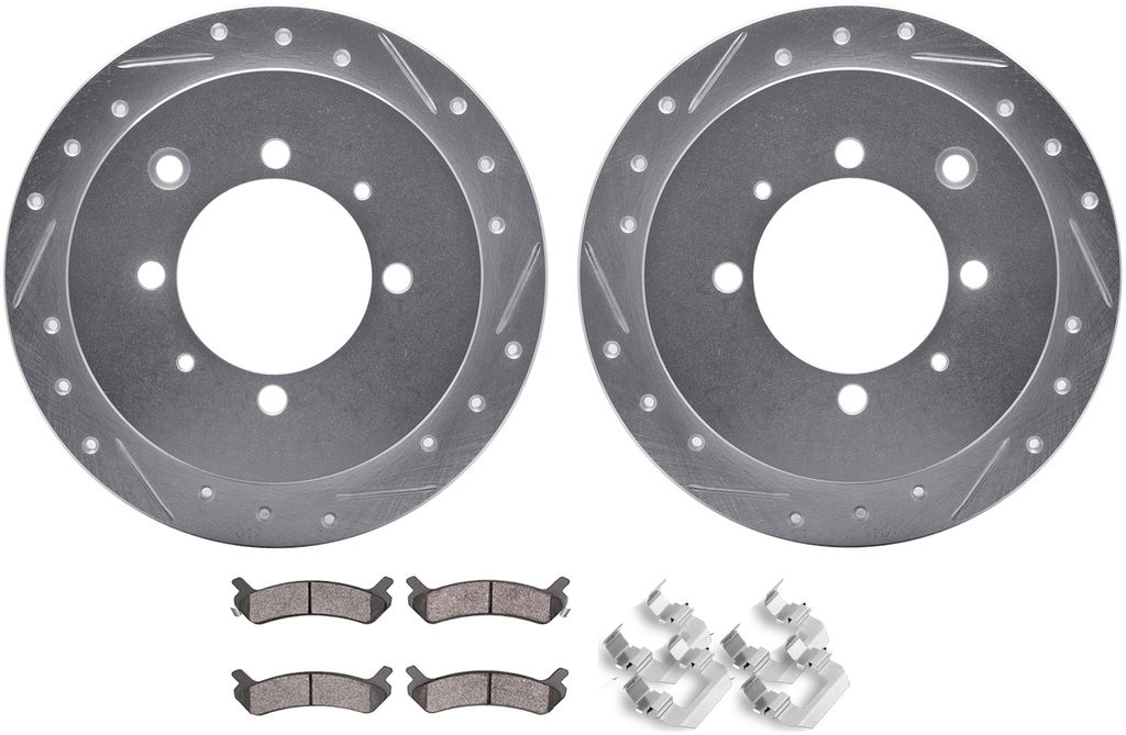 Dynamic Friction 7512-03141 - Brake Kit - Drilled and Slotted Silver Rotors with 5000 Advanced Brake Pads includes Hardware