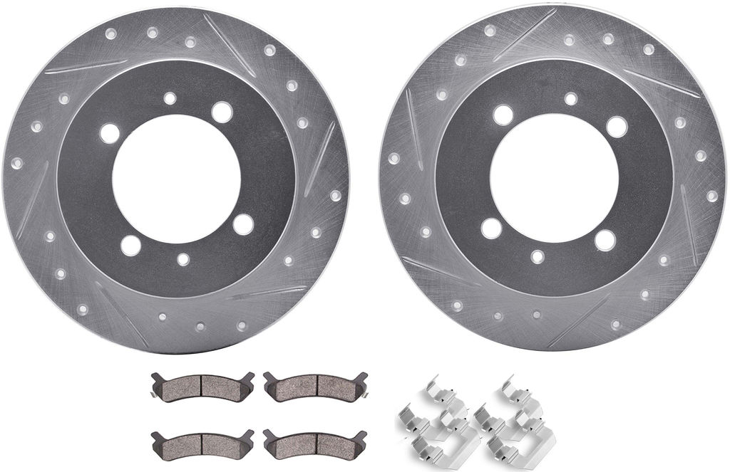 Dynamic Friction 7512-03155 - Brake Kit - Drilled and Slotted Silver Rotors with 5000 Advanced Brake Pads includes Hardware