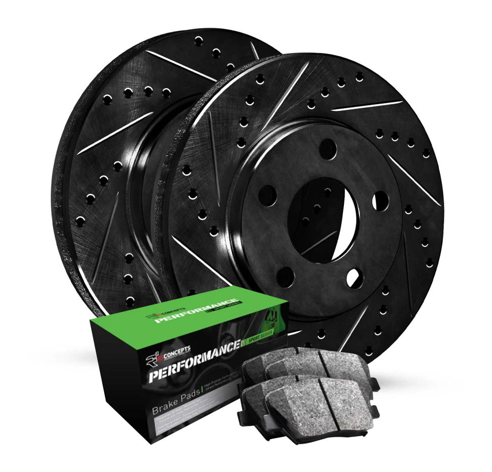R1 Concepts Drilled and Slotted Black Disc Brake Rotor Set with Performance Sport Pads