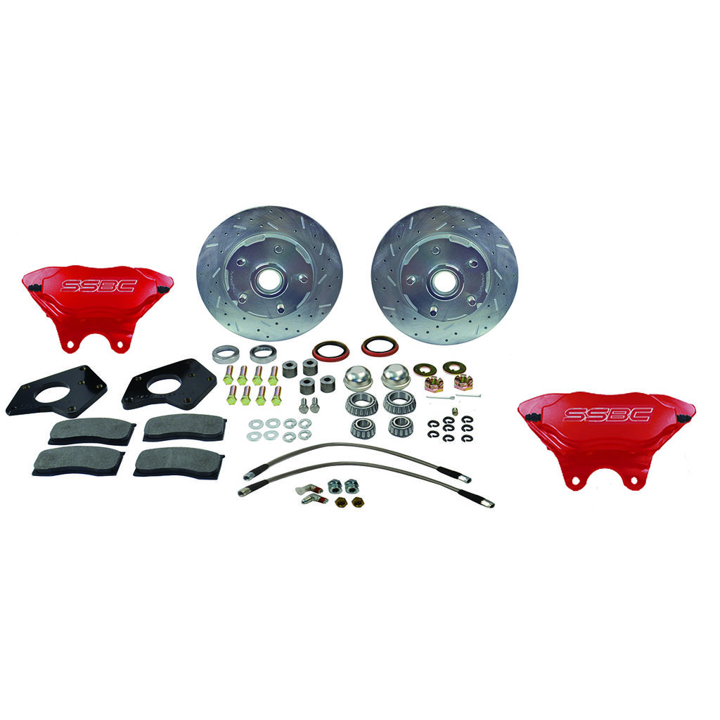 SSBC-USA W156-7R - American Made Comp S 4-Piston Billet Aluminum Front Drum to Disc Brake Conversion Kit w/ Rotors, Red