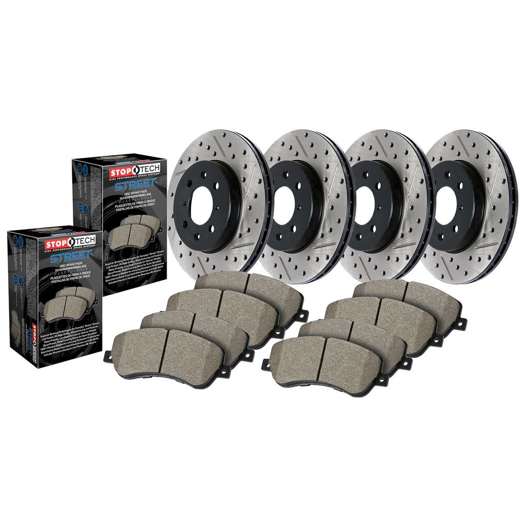 Stoptech 935.62033 - Street Disc Brake Rotor and Pad Kit, Drilled and Slotted, 4-Wheel Set