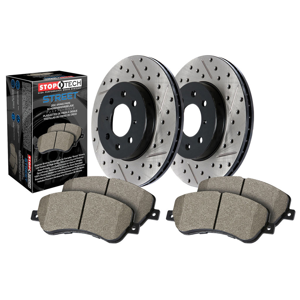 Stoptech 938.33034 - Street Disc Brake Rotor and Pad Kit, Drilled and Slotted, 2-Wheel Set