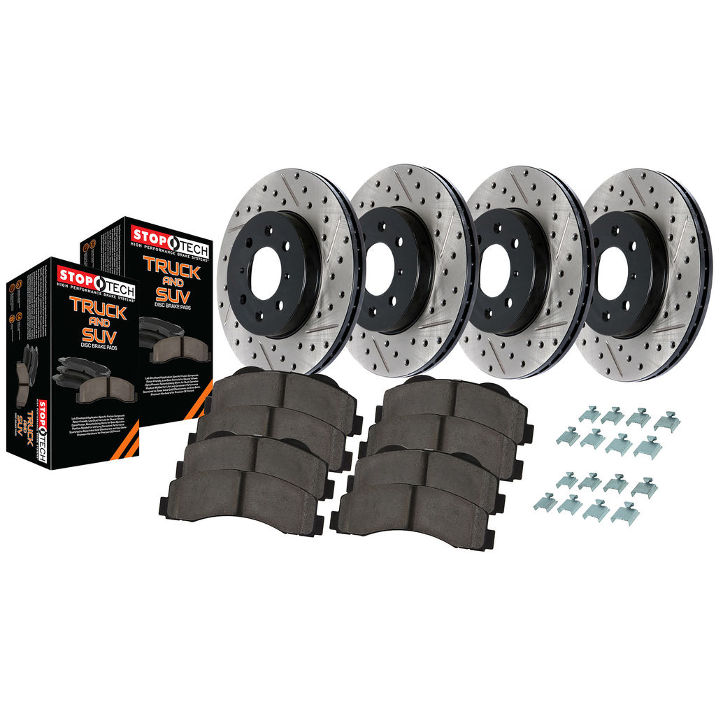 Stoptech 968.58002 - Disc Brake Pad and Rotor Kit, Drilled and Slotted, 4-Wheel Set
