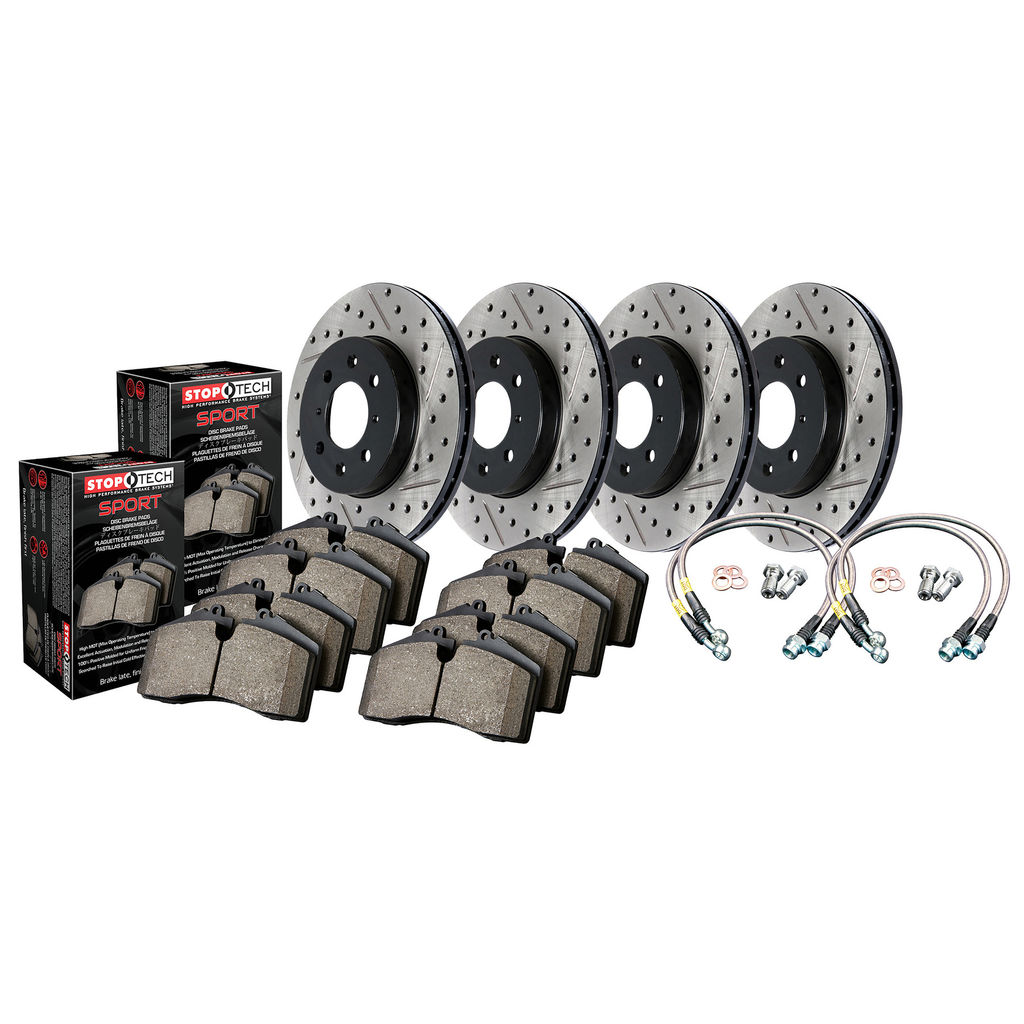 Stoptech 978.42002 - Sport Disc Brake Pad and Rotor Kit, Drilled and Slotted, 4-Wheel Set