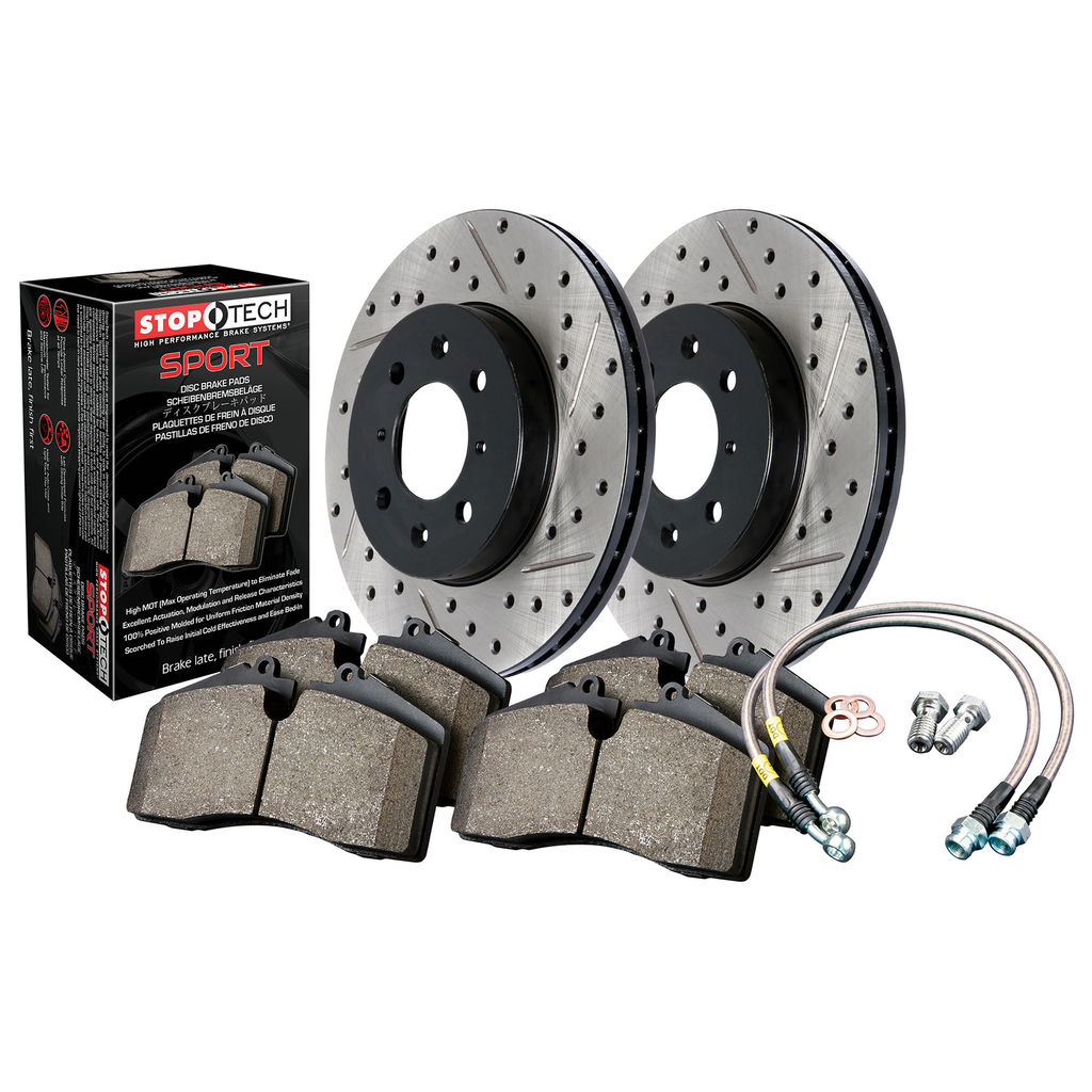 Stoptech 978.58001F - Sport Disc Brake Pad and Rotor Kit, Drilled and Slotted, 2-Wheel Set