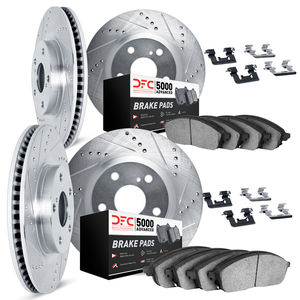 Dynamic Friction 7514-02002 - Front and Rear Brake Kit - Silver Zinc Coated Drilled and Slotted Rotors and 5000 Brake Pads with Hardware