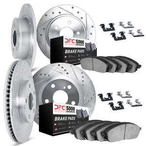 Dynamic Friction 7514-13000 - Front and Rear Brake Kit - Silver Zinc Coated Drilled and Slotted Rotors and 5000 Brake Pads with Hardware