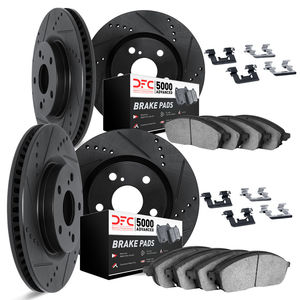 Dynamic Friction 8514-39044 - Front and Rear Brake Kit - Drilled and Slotted Black Rotors with 5000 Advanced Brake Pads includes Hardware