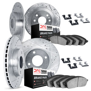 Dynamic Friction 7514-32000 - Front and Rear Brake Kit - Drilled and Slotted Silver Rotors with 5000 Advanced Brake Pads includes Hardware