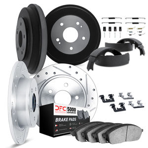 Dynamic Friction 7514-01003 - Front and Rear Brake Kit - Drilled and Slotted Silver Rotors with 5000 Advanced Brake Pads includes Drums