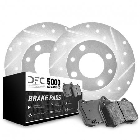 Dynamic Friction 7512-03088 - Brake Kit - Silver Zinc Coated Drilled and Slotted Rotors and 5000 Brake Pads with Hardware
