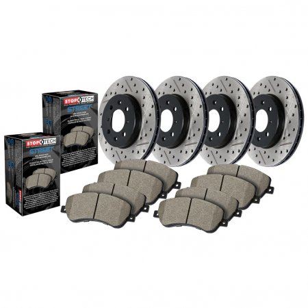Stoptech 935.39003 - Street Disc Brake Rotor and Pad Kit, Drilled and Slotted, 4-Wheel Set